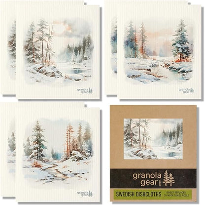 Home by GranolaGear-Christmas Swedish Dishcloths for Kitchen 6-Pack Reusable Paper Towels, Eco-Friendly, Compostable, Biodegradable Dish Cloth Sponge, Holiday Design, Watercolor Art-Winter Woodland
