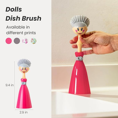 Vigar Dolls Dish Brush with Handle and Holder - Dish Scrubber Brush for Dishes and Pans, Kitchen Scrub Brush, Dishwashing Brush for Kitchen Sink Cleaning, Cute Standing Dish Brush Design - Pink, Gray