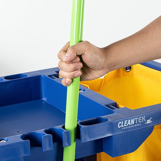 Restaurantware-Clean Tek Professional Janitor Cart with Wheels, 1 Cleaning Trolley with 18 Gallon Bag - 3 Shelves, Heavy-Duty, Blue Plastic Commercial Janitorial Cart, for Restaurants