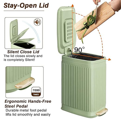 Slim Trash Can for Bathroom with Air Freshener Soft Close Lid, 6 Liter/ 1.6 Gallon Stainless Steel Garbage Can with Removable Inner Bucket,Step Pedal, Small Wastebasket for Bedroom, Kitchen (GREEN)
