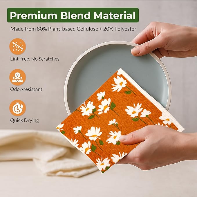 Swedish Dishcloths, Super Absorbent Multi-Surface Cleaning Cloths, Blue Floral Print, 80% Cellulose, 6.7x7.5 Inch, Set of 5 Designs