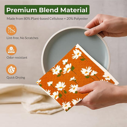 Swedish Dishcloths, Super Absorbent Multi-Surface Cleaning Cloths, Blue Floral Print, 80% Cellulose, 6.7x7.5 Inch, Set of 5 Designs