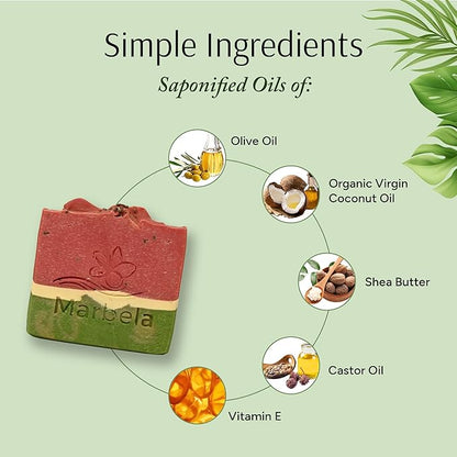 Marbela Cosmetics Moisturizing Watermelon Soap Bar - Natural Face & Body Soap Handmade in USA - Vegan Palm Oil Free Fruity Scent Bath Bar 3.5 oz