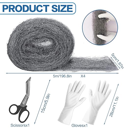 Steel Wool for Mice Control, 4 Pack of 16.5ft*3.1" Thick 0000 Steel Wool for Mouse Hole Filler Gap Blocker for House Wall Cracks Fence, Holes, Vents in Garden/Garage/House(65ft)