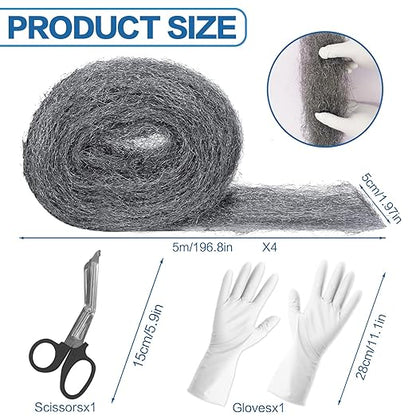 Steel Wool for Mice Control, 4 Pack of 16.5ft*3.1" Thick 0000 Steel Wool for Mouse Hole Filler Gap Blocker for House Wall Cracks Fence, Holes, Vents in Garden/Garage/House(65ft)