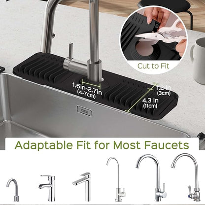15 Inch Silicone Faucet Mat for Kitchen Sink Splash Guard – 2025 Upgraded Draining Mat with Water Tray Behind Faucet – Countertop Protectors to Catch Spills (Black, 14.6" x 5.5")