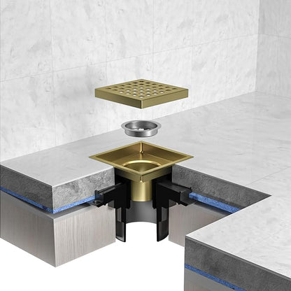 EXF Square Shower Drain 4-3/8 Inch Brushed Gold, Stainless Steel Shower Floor Drain Kit with ABS Flange, Removable Cover Grid Grate, Hair Strainer