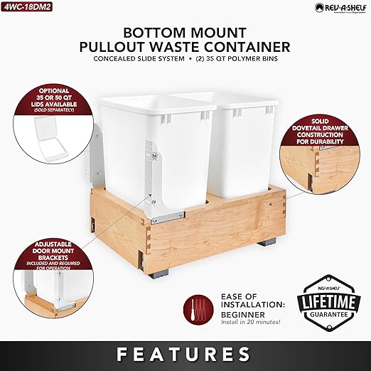 Rev-A-Shelf 35 Qt Bottom Mount Double Pullout Under Cabinet Kitchen Trash Cans for Base Cabinets, 150 Pound Rated Full-Extension Slides, Min Opening Width of 14.5", White, 4WC-18DM2