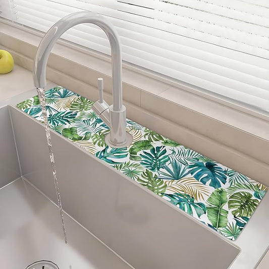 24" X 5.5" Kitchen Sink Splash Guard Faucet Mat Leaf Super Absorbent Fast Drying Faucet Guard & Draining Mat Sink Splash Guard Behind Faucet for Kitchen, Bathroom