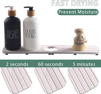 NiuYichee 17inch x 4inch Kitchen Sink Faucet Mat, Water Absorbing Stone Faucet Splash Guard for Bathroom Counter, Quick Drying Diatomite Tray for Kitchen Sink, White