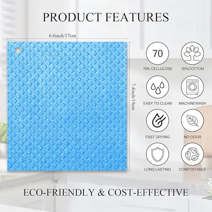 Swedish Kitchen Dish Cloths - 6 Pack Reusable Paper Towels for Counters & Dishes - Eco Friendly Cellulose Sponge Cloth (Blue)