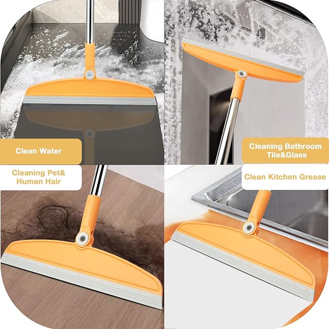 Silicone Air Broom,Multifunction Broom with Long Handle，Adjustable Rubber Squeegee Sweeping Water for Indoor Hardwood Floors,Kitchen,Concrete Floor,Bathroom Tile(Gray Yellow)