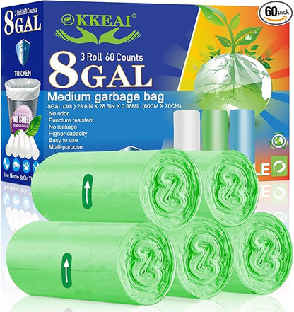 OKKEAI 30L Trash Bags 8 Gallon Medium Garbage Bags Thicker 0.98 MIL Trash Can Liners Bags Wastebasket Liners for Kitchen,Office, Lawn,Garden, Patio,60 Count (Fits 7 8 9 10 Gallon Bins)