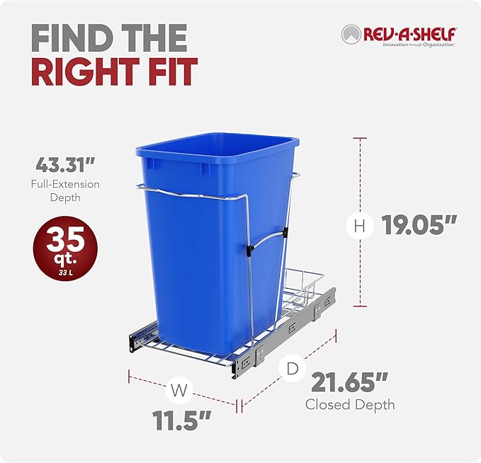Rev-A-Shelf Pullout Trash Can for Under Kitchen Cabinets 35 Qt Garbage Waste Recyling Bin with Full Extension Slides, Blue, RV-12KD-22C-S