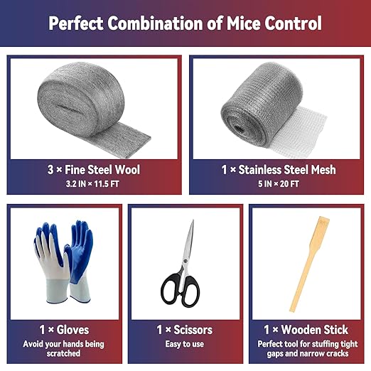 [Upgrade 4in1] Steel Wool Mice Control,Dual-Layer Protection for Mouse,Wire Mesh Hole Filler Gap Rodent Control Fill Fabric,Weep Hole Covers,3 Pack Steel Wool 0000&1 Pack Stainless Mesh Kit with Tools