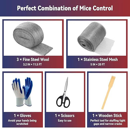 [Upgrade 4in1] Steel Wool Mice Control,Dual-Layer Protection for Mouse,Wire Mesh Hole Filler Gap Rodent Control Fill Fabric,Weep Hole Covers,3 Pack Steel Wool 0000&1 Pack Stainless Mesh Kit with Tools