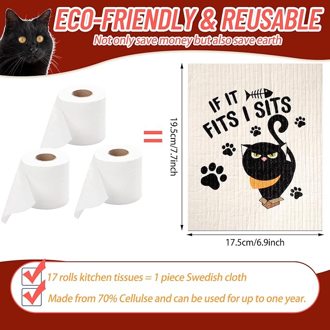 Hoolerry 6 Pcs Funny Black Cat Swedish Kitchen Dishcloths, Reusable Sponge Swedish Cleaning Cloths Washable Dish Cloths Absorbent Christmas Decorative Kitchen Towels Housewarming Gift for Bathroom