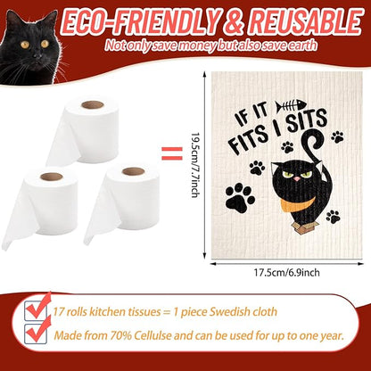 Hoolerry 6 Pcs Funny Black Cat Swedish Kitchen Dishcloths, Reusable Sponge Swedish Cleaning Cloths Washable Dish Cloths Absorbent Christmas Decorative Kitchen Towels Housewarming Gift for Bathroom