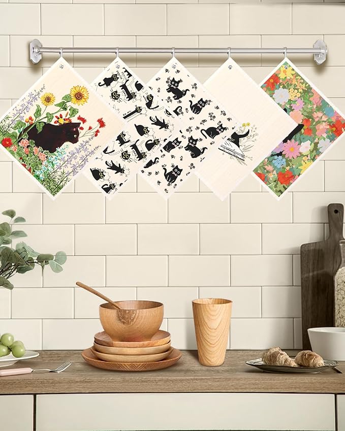 Miss Adola Swedish Dishcloths for Kitchen with Hooks - Reusable Dish Cloths for Washing Dishes Fast Drying Cute Fun 5 Pack Swedish Dish Towels Washable Cleaning Sponge, Black Cats