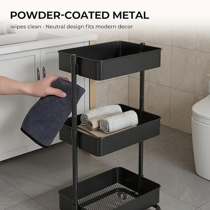 3 Tier Utility Rolling Cart, Heavy Duty Metal Rolling Cart with Wheels, Storage Organizer, Portable Mobile Shelving Unit for Office, Bathroom, Kitchen (Black)