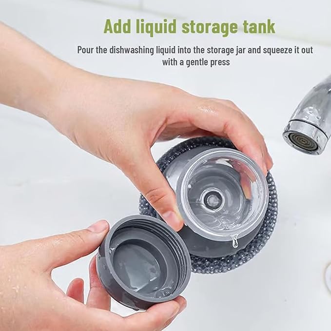 Comfort Grip Soap Dispensing Kitchen Scrub, Kitchen Scrub Brush with Built-in Soap Dispenser Without Soap, Replaceable Nylon Bristles, Non-Slip Handle for Cleaning Dishes (2+9pcs Cleaning Ball)