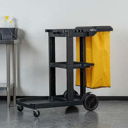 Restaurantware-Clean Tek Professional Janitor Cart with Wheels, 1 Cleaning Trolley with Cover and 18 Gallon Bag - 3 Shelves, Heavy-Duty, Black Plastic Commercial Janitorial Cart, for Restaurants