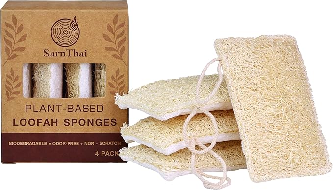 Loofah Sponge for Dishes – 2-in-1 Natural Dish Sponges, Pack of 4, Made with Loofah & Cellulose, Plastic-Free, Biodegradable, Fast-Drying, Non-Scratch & Hygienic