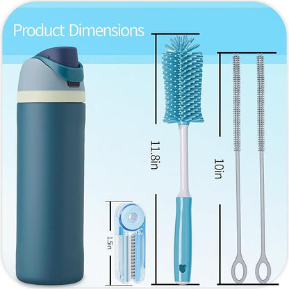 Silicone Cleaning Brush Kit - Water Bottle Brush with Long Handle Heavy Duty Straw Cleaner Brush, 4 in 1 Multipurpose Cup Cleaner Kit for Thermos, Sport Bottles, Coffee Mugs