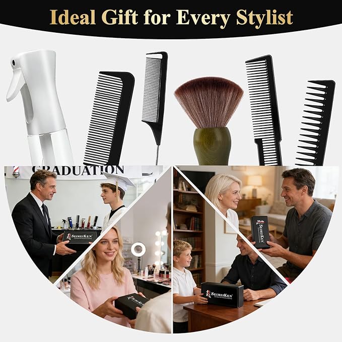 16 PCS Professional Barber Comb & Brush Set - Barber Accessories with 10oz (300ml) Continuous Spray Bottle, Carbon Fiber Rat Tail Comb, Neck Duster for Men, Women, Salon & Home