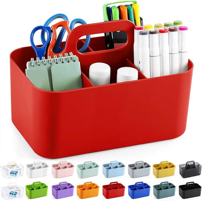 Multiuse Caddy Organizer with Handle, Portable Divided Plastic Tote Bin - Art Craft, Stationary Pen Marker Crayons, Makeup Hair Supplies Storage - Bathroom, Classroom, Dorm, Office, Desk Holder - Red