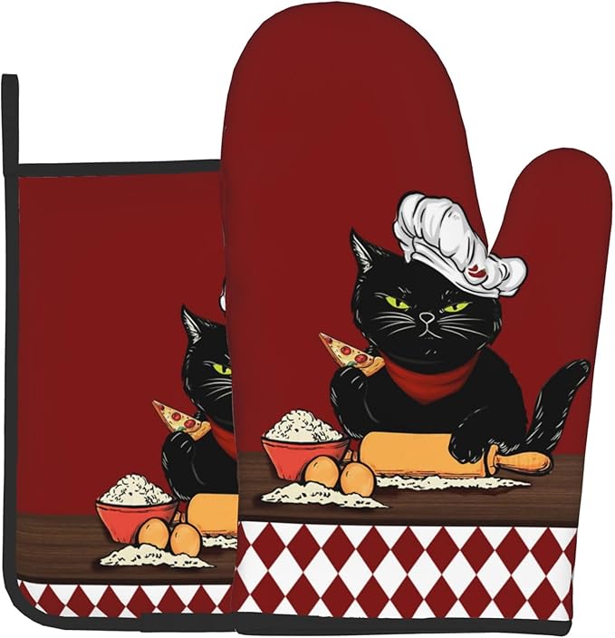 Cat Pot Holders and Oven Mitts - Red Cooking Gloves Hot Pads for Kitchen Fun Chef Gifts for Cooking Lover Cooks
