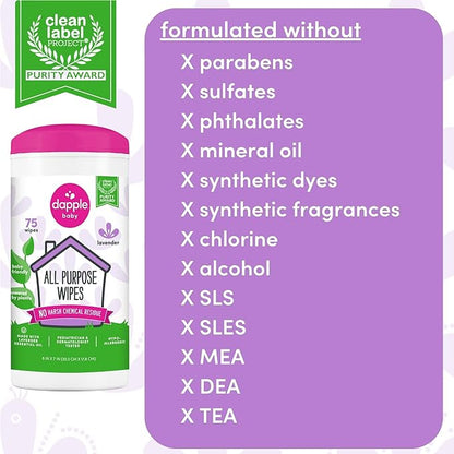 Dapple Baby All Purpose Wipes, Plant Powered, Hint of Lavender, Hypoallergenic, 75 Count Canister + 30 Count