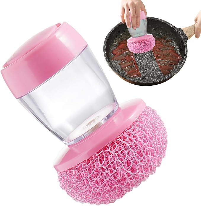 awakentti Soap Dispensing Palm Brush, Soap Dispensing Palm Brush Storage Set, Refillable and Visible, Portable Dish Brush for Dishes Pot Pan Kitchen Sink Scrubbing (Pink)