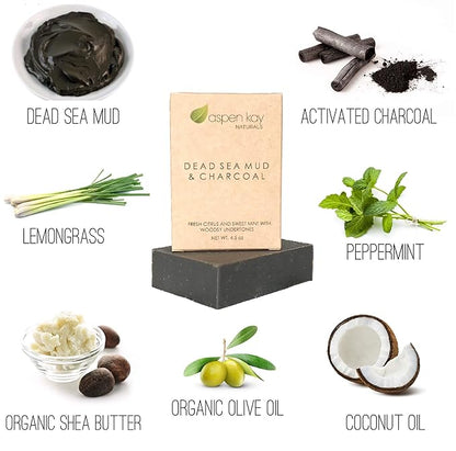 Dead Sea Mud & Charcoal Soap - Natural and Organic Ingredients & 2 Pack Soap Bar Dish, Draining Dish - 100% Natural Poplar Wood, No Chemical Varnish