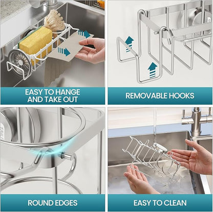 TAILI 4-in-1 Sponge Holder for Kitchen Sink with Strong Suction Cup Removable, Rustproof Stainless Steel Sink Caddy for Sponge, Brush, Scrubber, Scraper -Silver