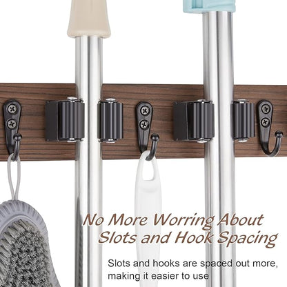 OUTNILI Mop and Broom Holder Wall Mount - Wood Broom Mop Hanger - Wall Mounted Garden Tool Rack Organizer for Closet Garage Laundry Room, Rustic Kitchen Decor With 4 Slots & 4 Hooks