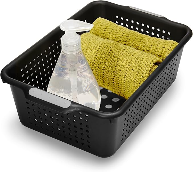 madesmart Small Storage Basket, Multipurpose Organizer with Soft-Grip Handles & Non-Slip Feet, Heavy-Duty Ventilated Design for Laundry, Bath & Kitchen, Carbon, 12 x 8 x 4"