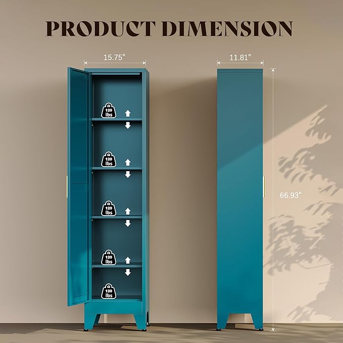 67" H Broom Closet Storage Cabinet,Metal Cleaning Cabinet,Narrow Storage Cabinets with 4 Adjustable Shelves,Slim Tall Floor Cabinet