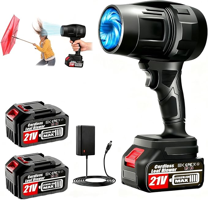 Cordless Leaf Blower with 2 x 4.0Ah Battery and Charger, 600,000 RPM Turbo Air Jet Blower, Lightweight Handheld Blower with Adjustable Speed for Patio Cleaning, Lawn Care, Car, Blowing Leaves and Dust