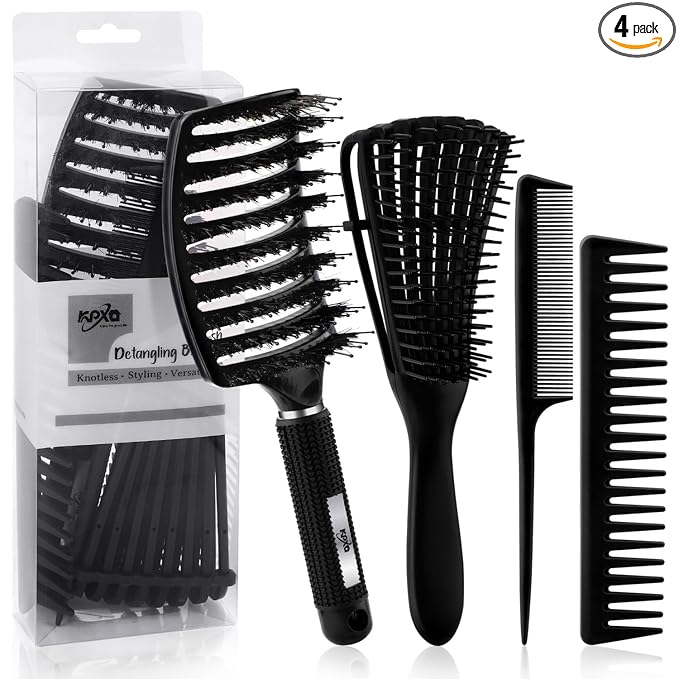 4pcs Curly Hair Brush Set for Adult & Kids Wet or Dry, Detangling Brush for 3/4ABC Hair with Wide Tooth Comb (4, Black)