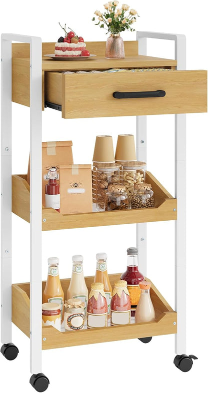 Hoctieon 3-Tier Rolling Storage Cart with Drawer, Rolling Utility Cart Organizer, Mobile Shelving Unit with Wheels, Metal Frame, Kitchen Utility Cart for Small Space, Office, Bathroom, Oak Beige