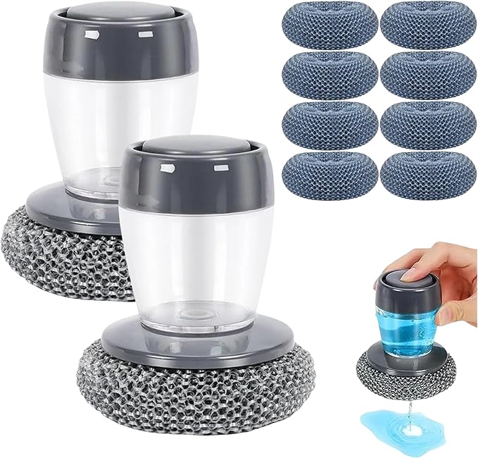 Comfort Grip Soap Dispensing Kitchen Scrub, Dish Brush with Soap Dispenser, Steel Wool Scrubber for Dishes Pans Kitchen Sink Bathtub Tile and Household (2pcs-10)