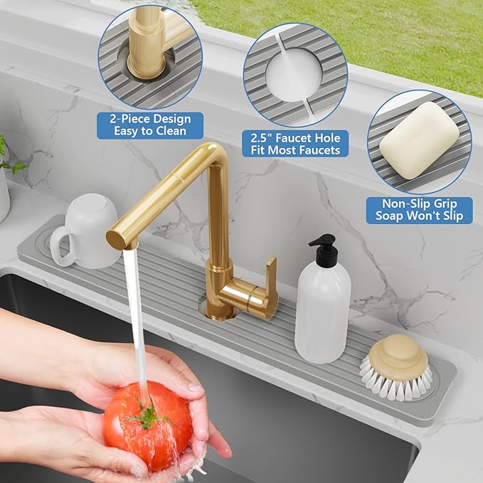 24'' Longer Stone Faucet Mat for Kitchen Sink [Super Absorbent, 30s Quick Drying] Water Absorbing Stone Tray for Sink Stone Mat for Kitchen Sink Stone Quick Dry Around Faucet Diatomite Stone Sink Tray