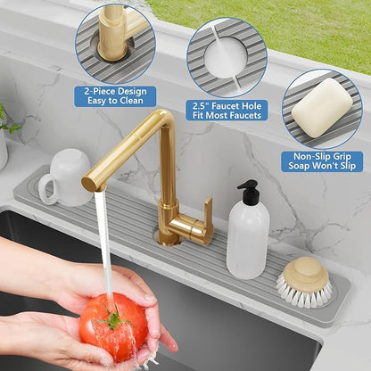 24'' Longer Stone Faucet Mat for Kitchen Sink [Super Absorbent, 30s Quick Drying] Water Absorbing Stone Tray for Sink Stone Mat for Kitchen Sink Stone Quick Dry Around Faucet Diatomite Stone Sink Tray