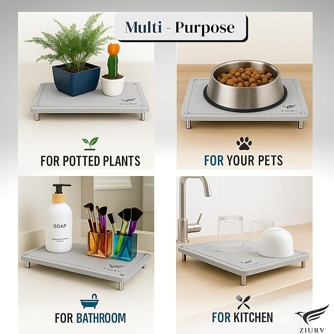 6 PCS Stone Drying Mat Set for Kitchen Counter, 2 Large Diatomaceous Earth Dish Drying Mats with Stainless Steel Legs, Dish Rack, Soap Dispenser Set with Tray, Quick Expandable System Dish Dryer Mat