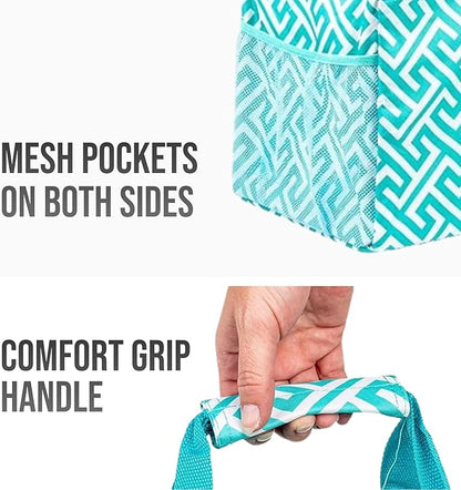 Extra Large Utility Tote Bag - Oversized Collapsible Reusable Wire Frame Rectangular Canvas Basket With Two Exterior Pockets For Beach, Pool, Laundry, Car Trunk, Storage - Geometric Teal