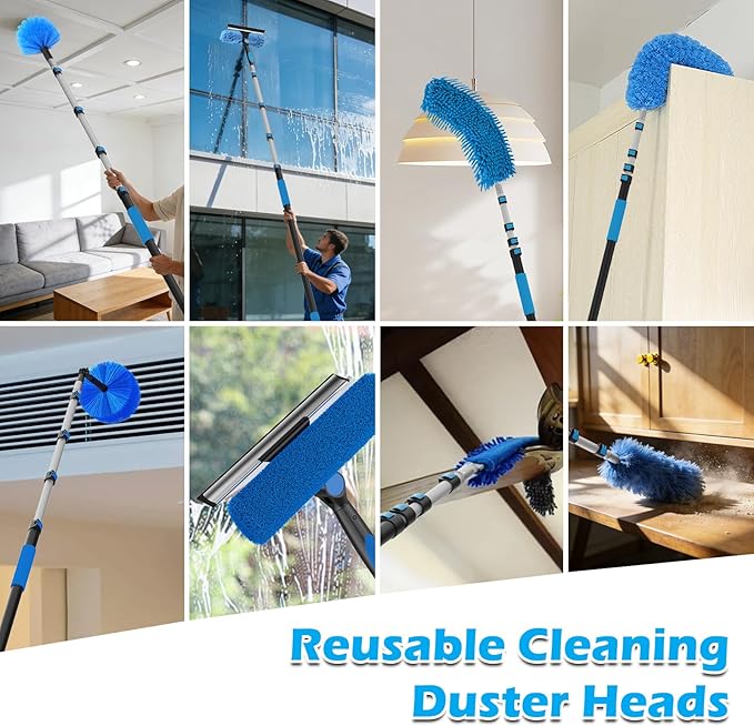 16FT Reach High Ceiling Duster Kits with 3-12FT Adjustable Pole - Includes Extra Long Duster, High Ceiling Duster, Rotatable Window Squeegee & Cobweb Duster for Ceiling Fans and Whole House Cleaning