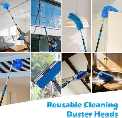 16FT Reach High Ceiling Duster Kits with 3-12FT Adjustable Pole - Includes Extra Long Duster, High Ceiling Duster, Rotatable Window Squeegee & Cobweb Duster for Ceiling Fans and Whole House Cleaning