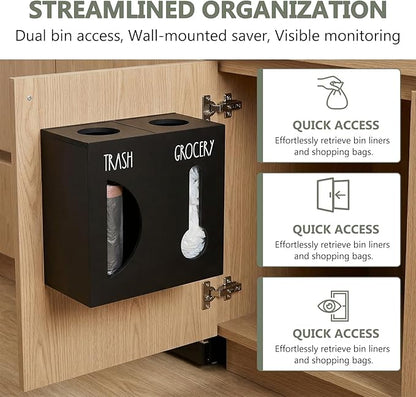 2 in 1 Trash Bag Dispenser, Double Wall Mounted,Wood Trash Bag Holder, used in kitchen, garage, laundry room, can store Environmentally friendly food bags and garbage bags(Black/Large)