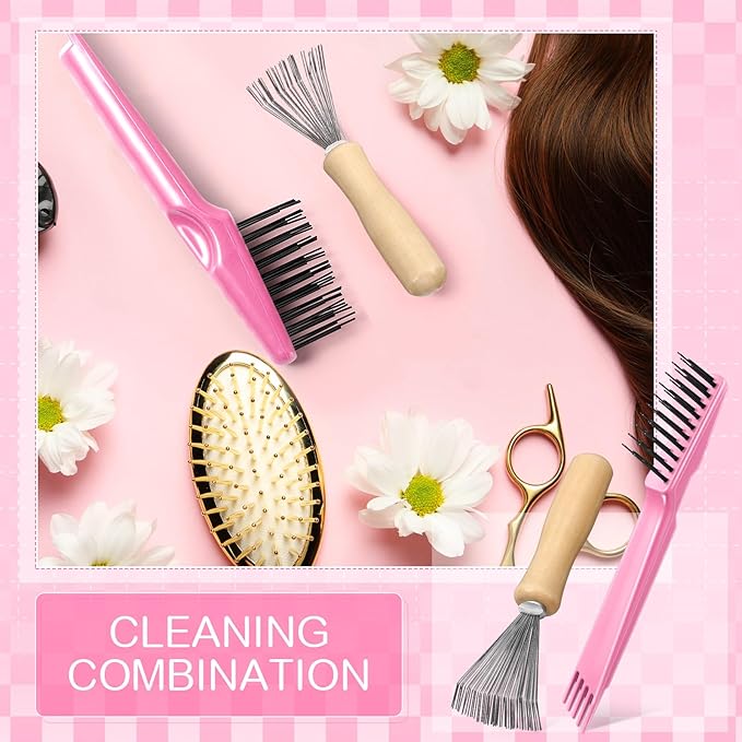 Boao 2 Pieces Hair Brush Cleaning Tool Comb Cleaner Brush Mini Comb Cleaning Hair Remover Tool for Removing Dust Home and Salon Use(Pink, Wood Color,Polished Wooden Handle Rake)